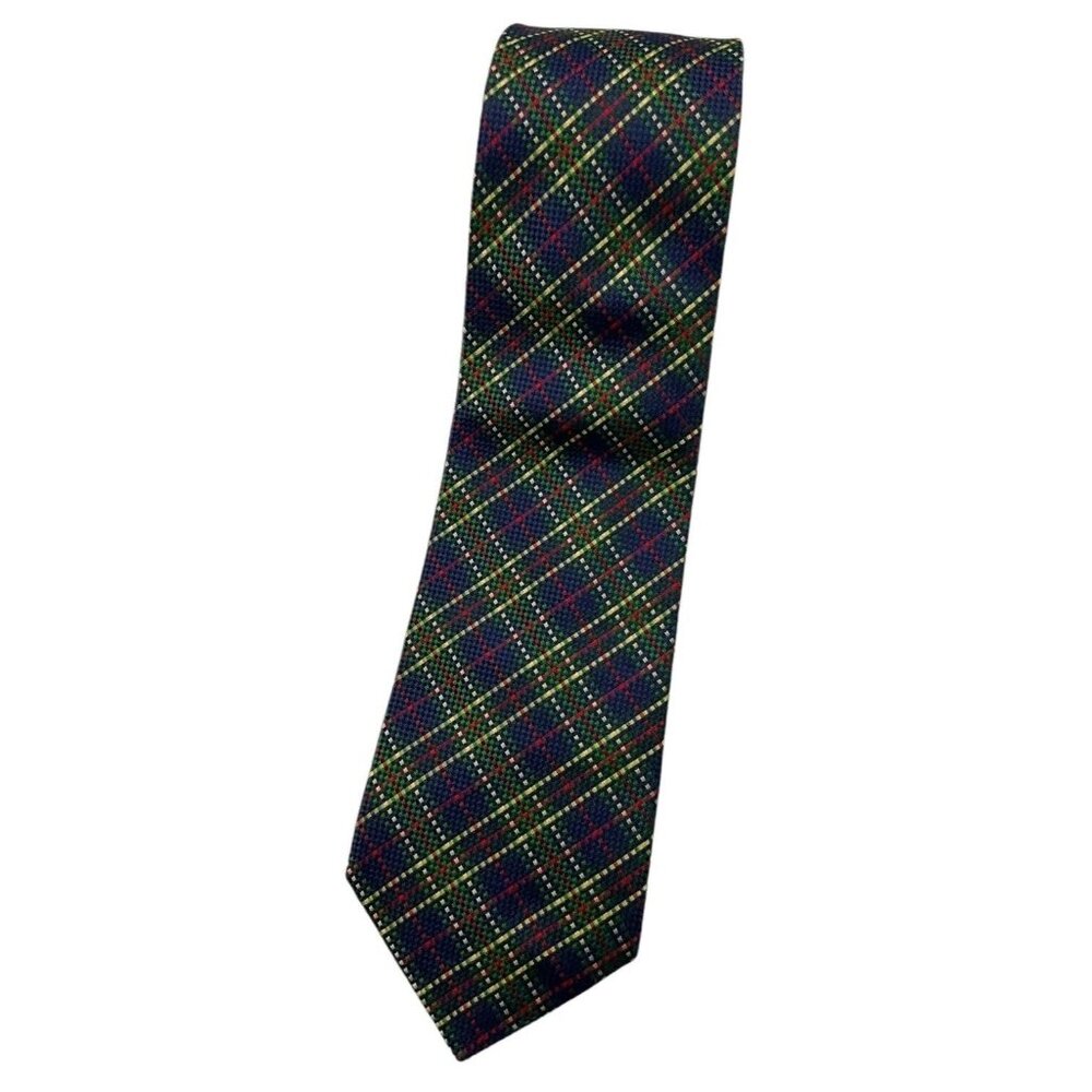BREUER Men's 100% Silk Necktie LUXURY Tie Blue Green Tartan W:4" EUC